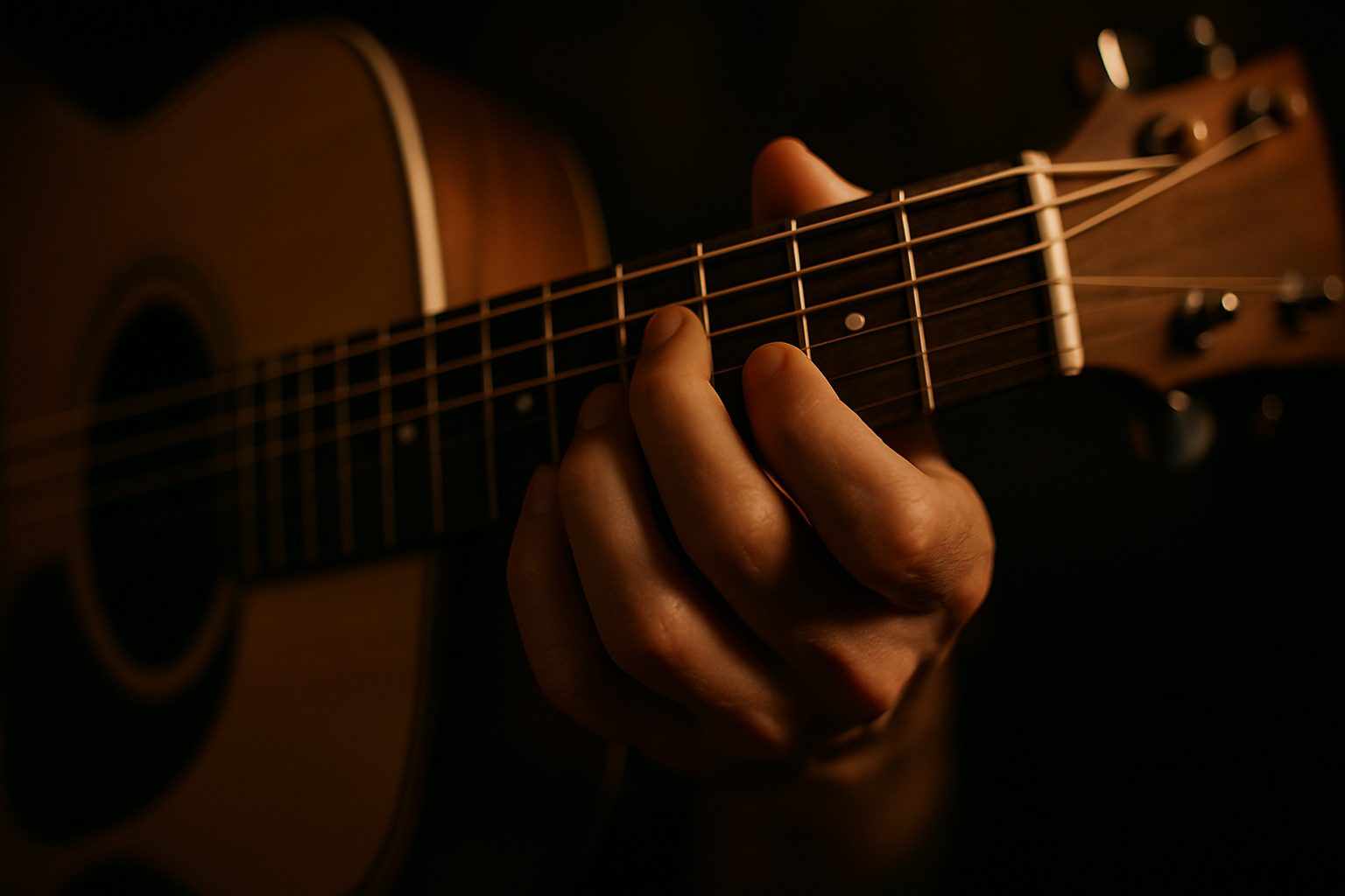 Mão de violonista pressionando um acorde no braço do violão, foco nos dedos, luz suave editorial